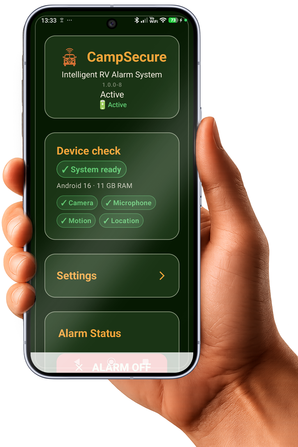 Motorhome theft protection with CampSecure™ app in hand