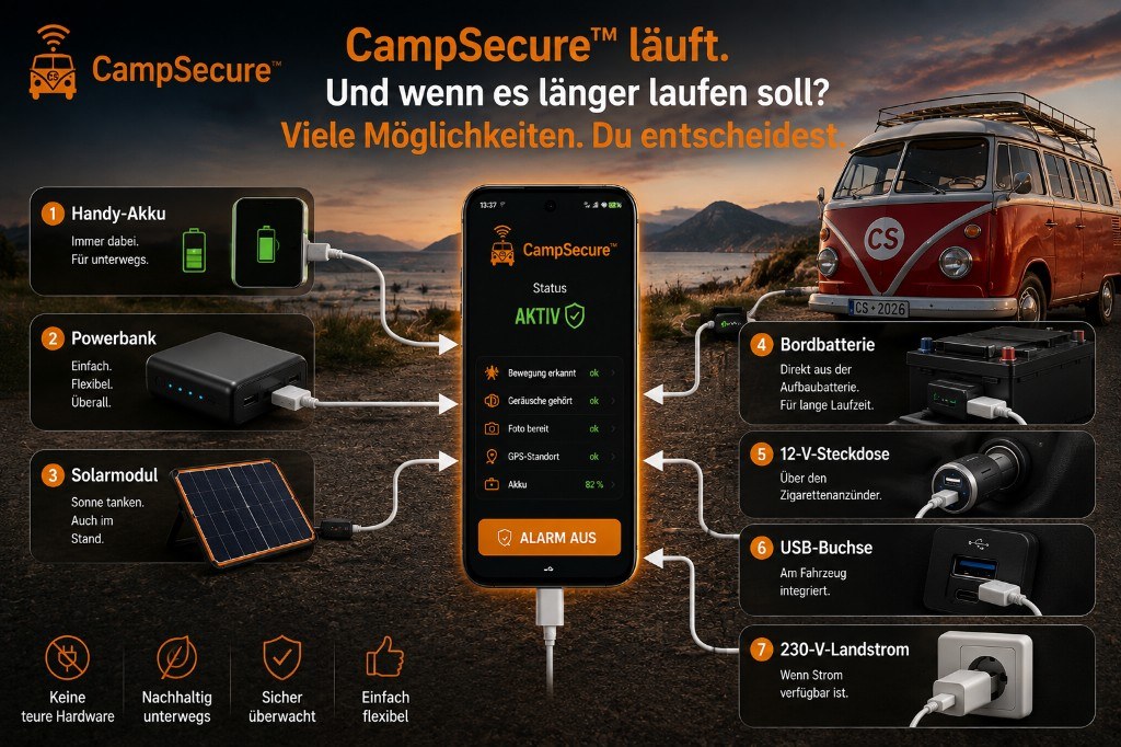 CampSecure™ Stromversorgung fürs Alarm-Handy: Handy-Akku, Powerbank, Solarmodul, Bordbatterie, 12-V-Steckdose, USB-Buchse und 230-V-Landstrom