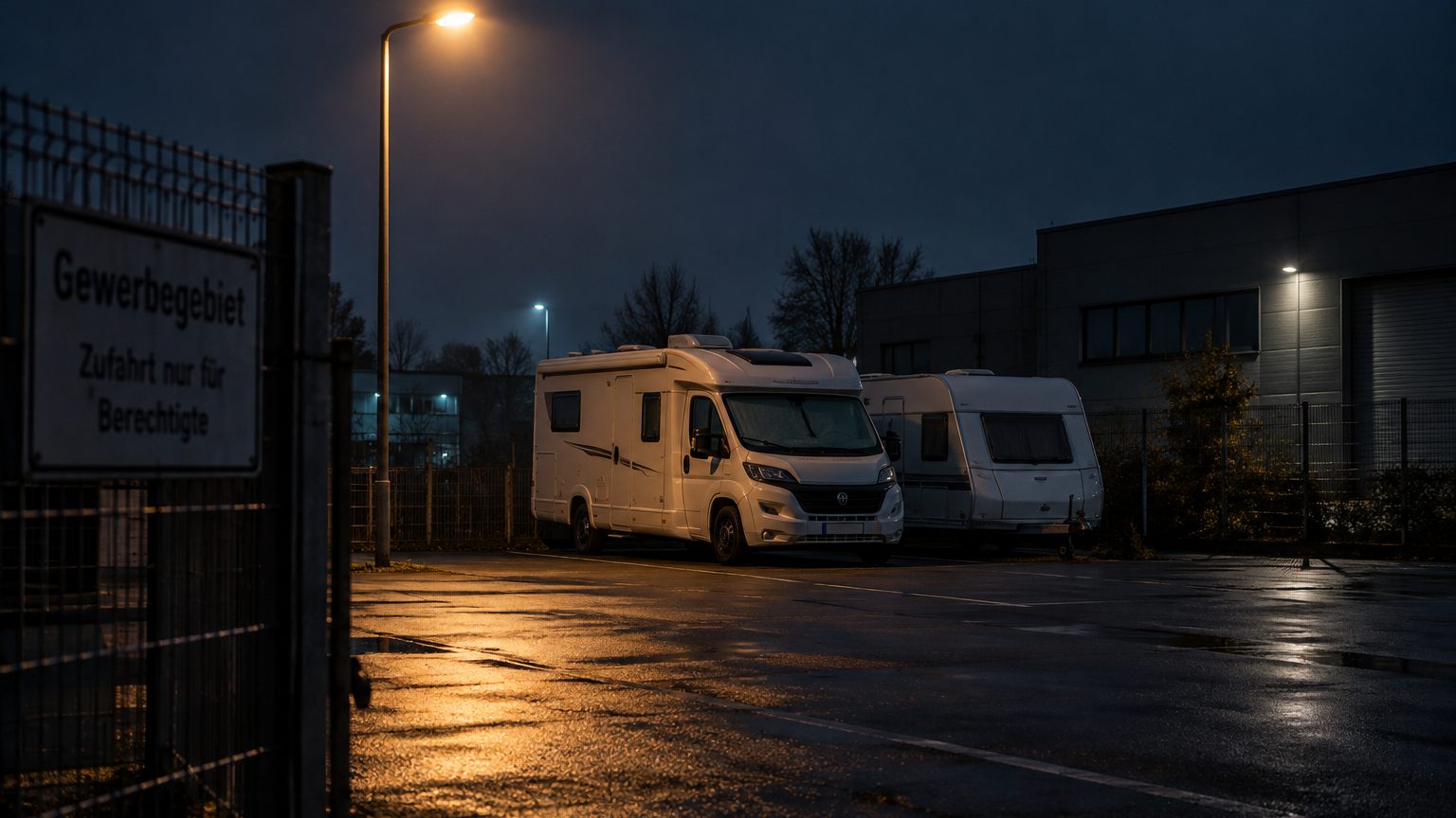 Autocaravana y caravana estacionadas de noche en una zona industrial