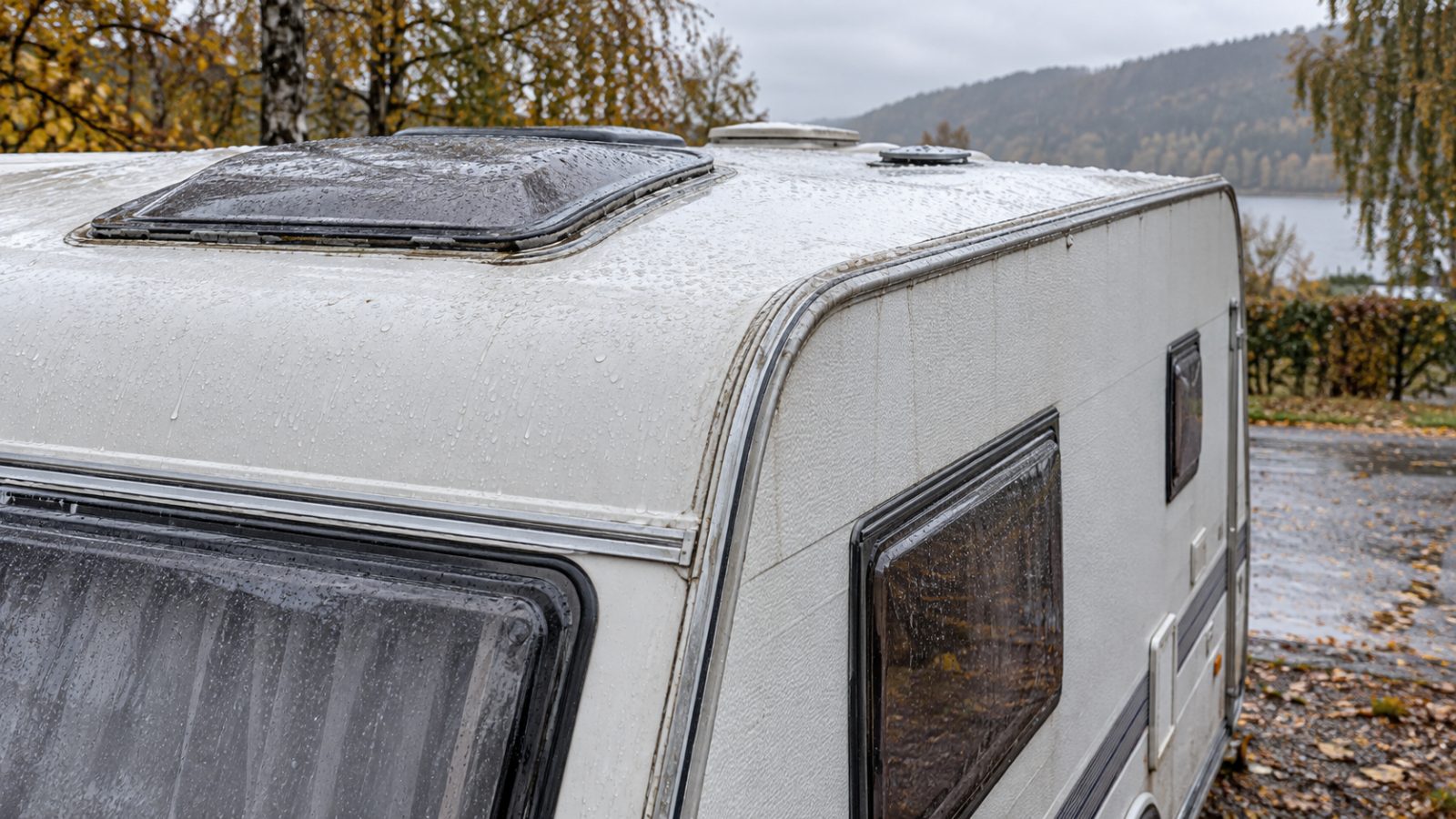 Older caravan in autumn rain with water droplets on the roof, rooflight and exterior walls
