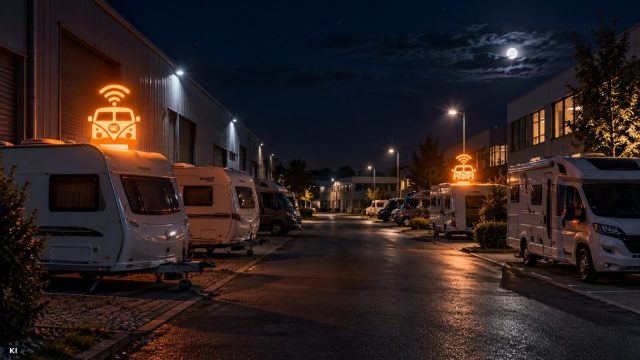 Smartphone Android di vecchia generazione con l’app CampSecure all’interno di un camper, utilizzato come soluzione sostenibile per la prevenzione dei furti.