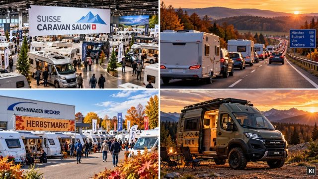 Caravanas y autocaravanas en un camping otoñal, símbolo de ferias de camping, novedades vehiculares y viajes durante las vacaciones de otoño en octubre de 2026.