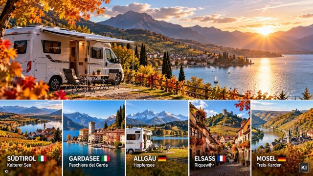 Roulotte e camper davanti a paesaggi autunnali con vigneti, laghi e montagne come simbolo di cinque destinazioni di camping incantevoli in autunno.