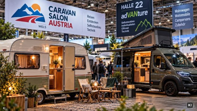 Modernisierter älterer Wohnwagen neben einem individuell ausgebauten Campervan auf einer Campingmesse als Symbol für Selbstausbau und neue Campingtechnik beim Caravan Salon Austria 2026.