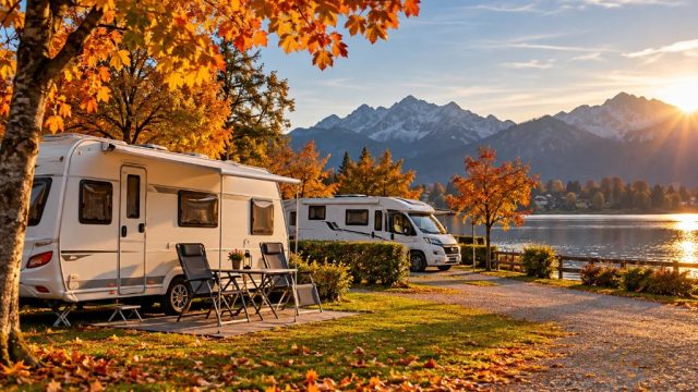 Caravan en camperwagen op een herfstelijk campingterrein met kleurrijke bladeren en bergen in de achtergrond.