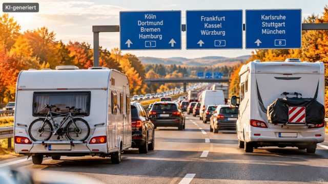 Dicht verkeer met caravan- en campervoertuigen op een Duitse autoweg tijdens de herfstvakantie 2026.
